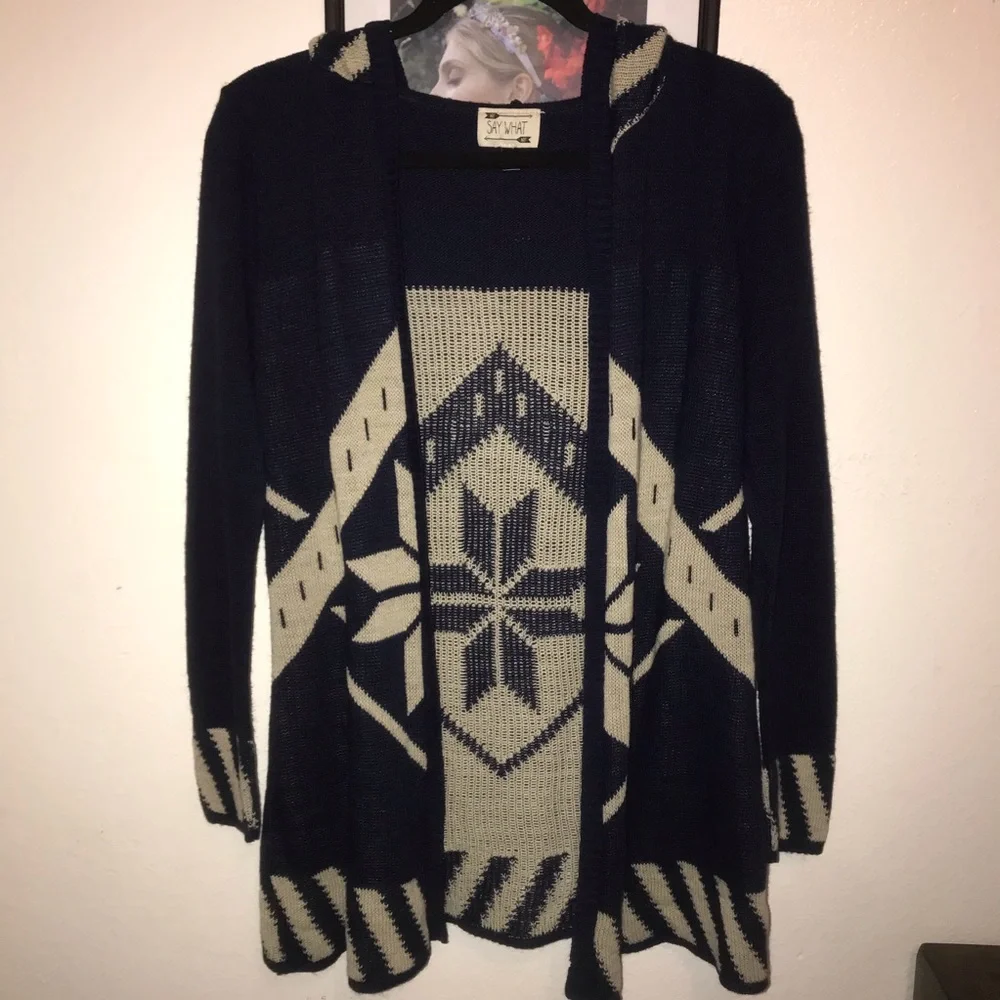 Say What? Navy Blue and Beige Aztec Print Hooded Cardigan Small